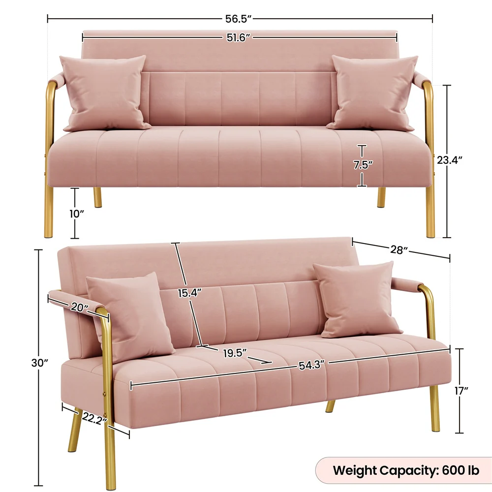 Costoffs Velvet Fabric Sofa Couch, 56.5″ W Modern Loveseat Couch with Gold-tone Metal Arms, Legs & 2 Pillows, Sofa for Living Room, Bedroom Furniture, Pink\u002FGreen\u002FGray